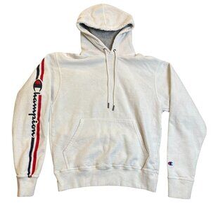 Champion Mens Hoodie Small White With Side Stripe Logo Front Pocket Drawstring